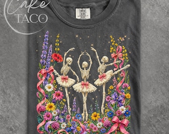 Wildflowers Skeletons Shirt, Coquette Halloween Tee, Girly Skeletons Dancing T-Shirt,  Pink Bows Floral Skull Soft Girl Spooky Season Shirt