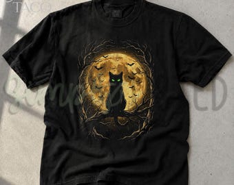 Black Cat Moon Shirt, Green Eyed Cat Tee Gothic Full Moon T-Shirt Mystical Celestial Cat Lover Gift Dark Fantasy Witchy Shirt Comfort Colors