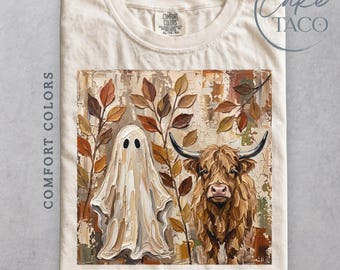 Fall Ghost Highland Cow Shirt, Autumn Ghost Tee, Cottagecore Halloween TShirt, Highland Cow Fall Shirt, Cozy Season, Retro Ghost Tee