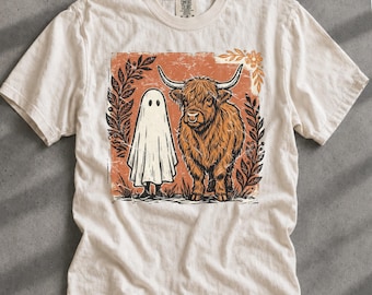 Ghost meets Highland Cow Shirt for Halloween TShirt, Retro Ghost Shirt