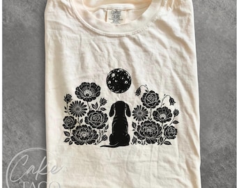 Dachshund Moon Shirt, Floral Sausage Dog TShirt for Doxie Mom Shirt Cottagecore Wildflower Tee for Dog Mama Celestial Wiener Dog Lover Shirt