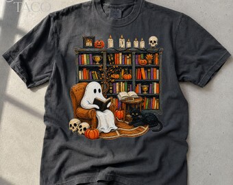 Ghost Reading Shirt, Halloween Spooky Season Tee Retro Black Cat TShirt Comfort Colors Bookish Ghost Shirt Halloween Reader Gift Bookworm