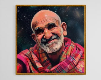 May include: A painting of a man with a white beard and a red and black patterned scarf. The background is a dark blue with white stars.