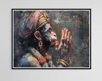 May include: A colorful painting of a monkey deity with a red and gold headdress, wearing a garland of flowers and gold jewelry, with hands raised in prayer.