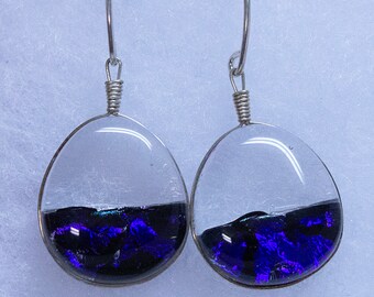 Purple teardrop Earrings with Sterling Silver wire and ear wires made from Dichroic Glass