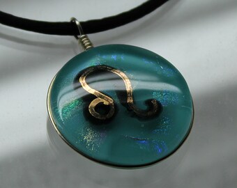 Leo Pendant, Fused Glass, Dichroic Glass, Handmade, Hand Painted, Greek Zodiac Symbol