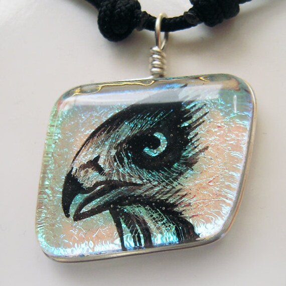 Items similar to Silvery Teal fused glass Eagle Head Pendant Necklace