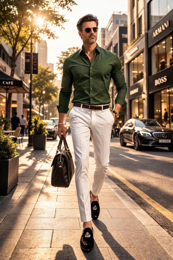 Men's Dark Green Button-Down Shirt & White Trousers Outfit – European Style Business Casual