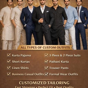 May include: Image featuring a group of men in various custom-made outfits. The outfits include kurta pajamas, suits, linen shirts, and business casual attire. Text on the image reads "TH ENTERPRISE CUSTOM MADE MEN'S WEAR" and "ALL TYPES OF CUSTOM OUTFITS."