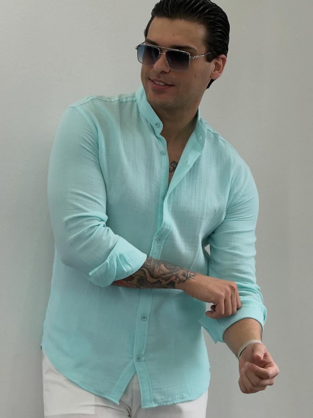 aqua green mens dress shirt Men's Linen Cotton Shirt, Slim Fit Button-Down, Breathable Summer Top hotfix_embellishment