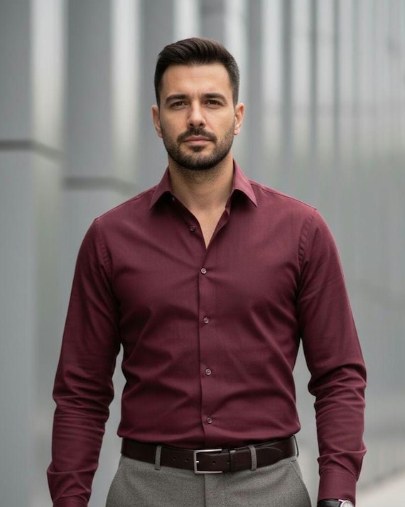mens burgundy dress shirt outfit Men's Cotton and Taupe Trousers Set, Office Wear, Wedding Gift for Men Purple pleated dress. Accented collection: sale over pattern Color:Romance