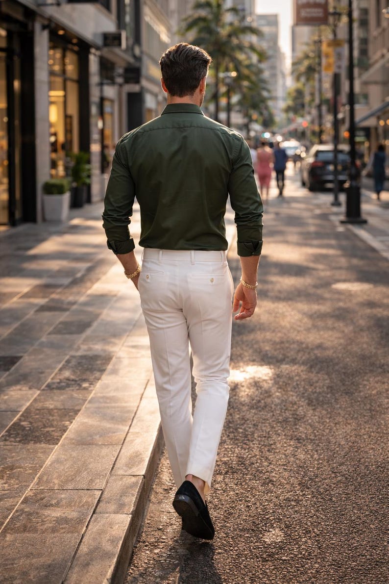 May include: A person wearing a dark green long-sleeve shirt and white pants walks down a city street. The person is wearing black shoes and gold bracelets. The background shows buildings, cars, and other people.