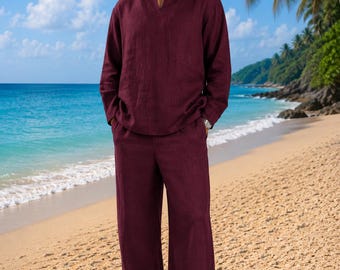 Set aus weinrotem Leinenhemd und Hosen, entspannter Passform für Strandurlaub und Urlaubsresort