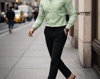 Men's Slim Fit Green Shirt and Black Dress Pants Set