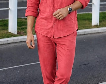 Men's Linen Co-ord Set | Salmon Pink Shirt and Trousers | Summer Beach Wedding Resort Wear