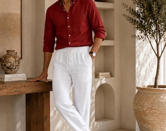 Conjunto masculino de camisa vermelha de linho e calça preta | Look casual para férias de verão