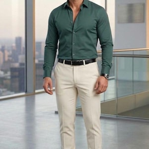 green emerald velvet dress Men's Untucked Slim Fit Stretch Shirt – Perry Ellis main image 0