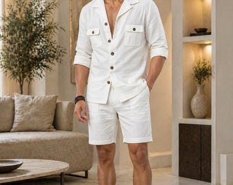 Men's White 100% Linen Co-ord Set, Summer Resort Beach Casual Wear