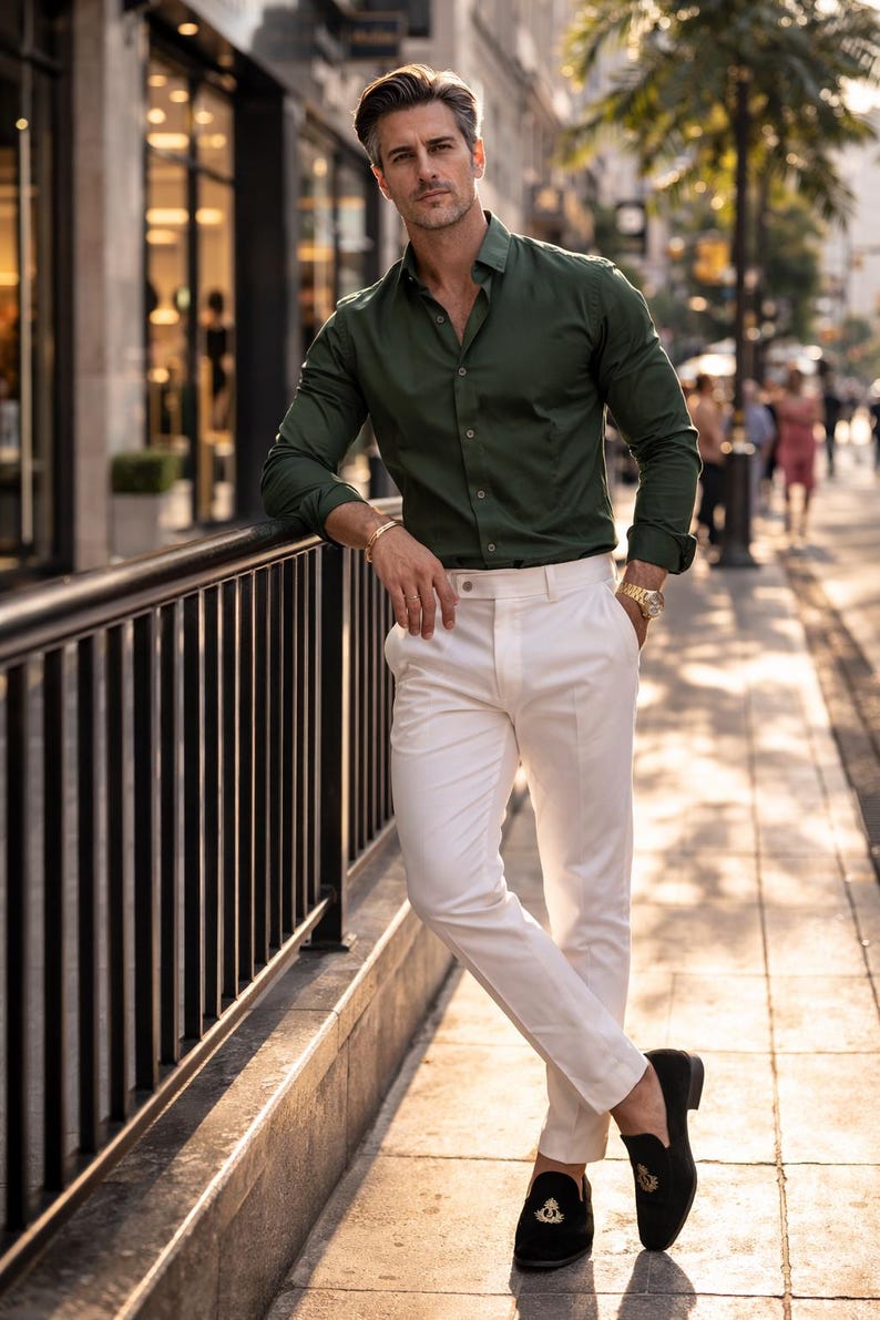 May include: A man in a dark green button-down shirt and white pants, leaning against a black railing. He wears a gold watch and bracelet, and black loafers. The background shows a city street with shops and pedestrians.