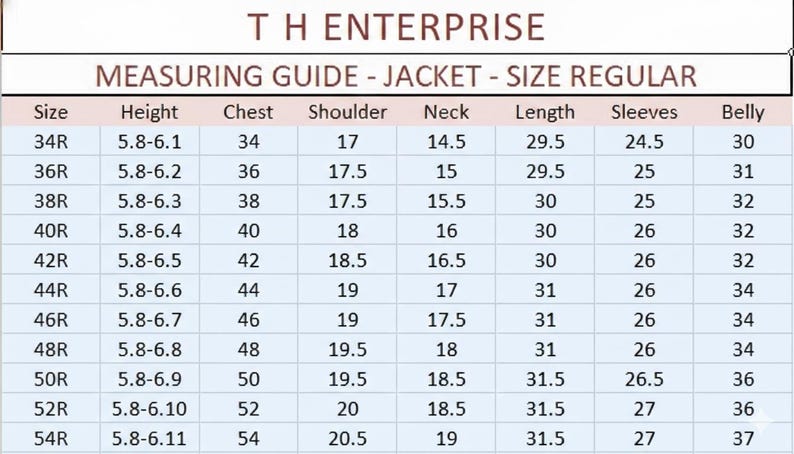 Puede incluir: Tabla de tallas de chaquetas de corte regular, con medidas en cent&iacute;metros. La tabla incluye tallas de la 34R a la 54R, detallando altura, pecho, hombro, cuello, largo, mangas y vientre.