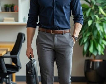 Men's Slim Fit Navy Shirt & Grey Trousers Set - Business Casual