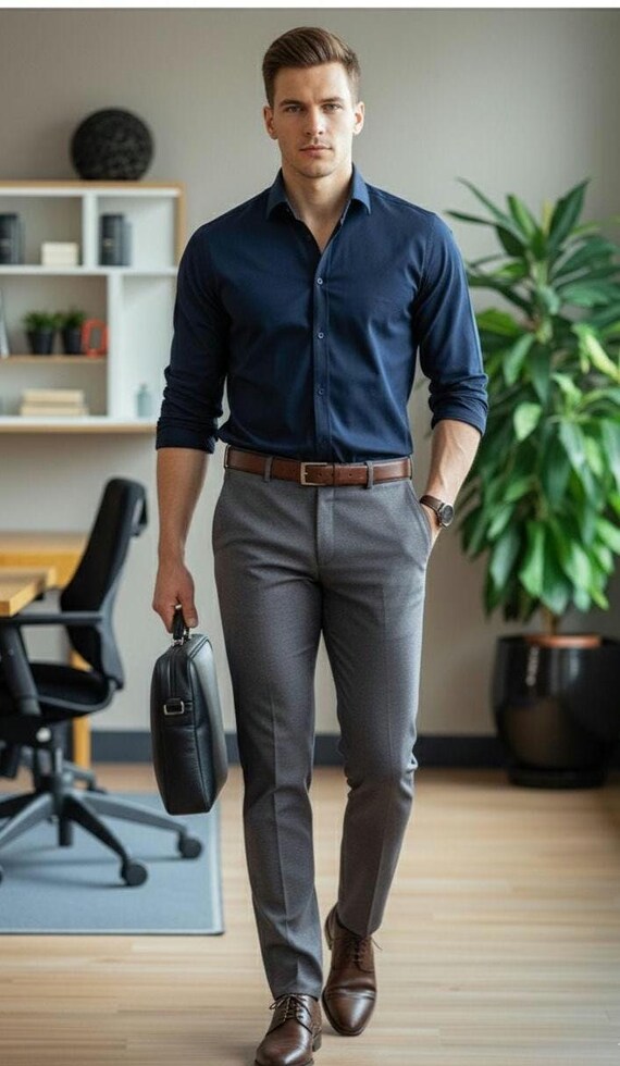 grey dress pants navy shirt Men Grey Pants Blue Shirt Men's Thorpeness Tailored Shirt Blue Schffel Country US