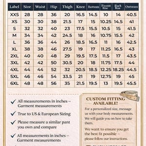 May include: A size chart for men's trousers, with measurements in inches. The chart includes waist, hip, thigh, knee, and outseam measurements for sizes XXS to 6XL. The text also mentions custom fitting is available.