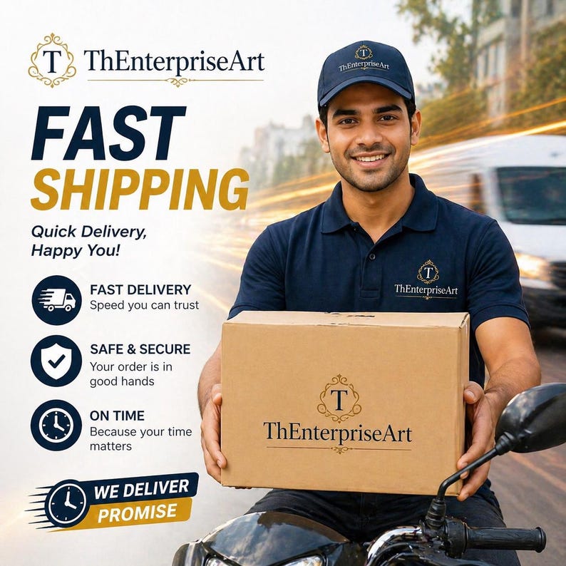 May include: A delivery person on a scooter holds a cardboard box with the logo "TheEnterpriseArt". The image includes text that says "FAST SHIPPING", "Quick Delivery, Happy You!", "FAST DELIVERY", "SAFE & SECURE", "ON TIME", and "WE DELIVER PROMISE".