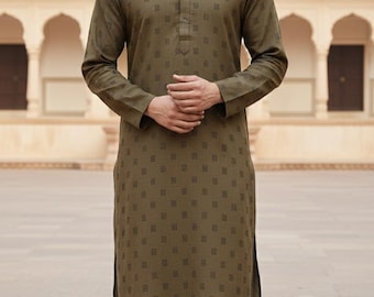 Men's Kurta Pajama Set Olive Green: Woven Cotton Handmade Indian Wedding Outfit