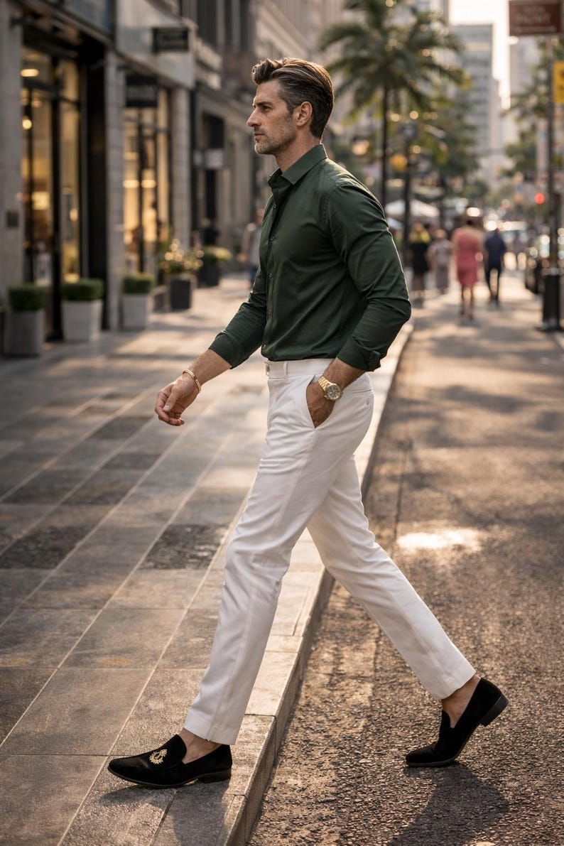 May include: A man in a dark green button-down shirt and white pants walks on a city street. He wears a gold watch and bracelet. Black loafers with gold embroidery complete the outfit. The background shows buildings and other pedestrians.