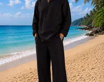 Schwarzes Leinen Kurti Hemd und Hose, entspannte Passform Strand Urlaub Resort Wear