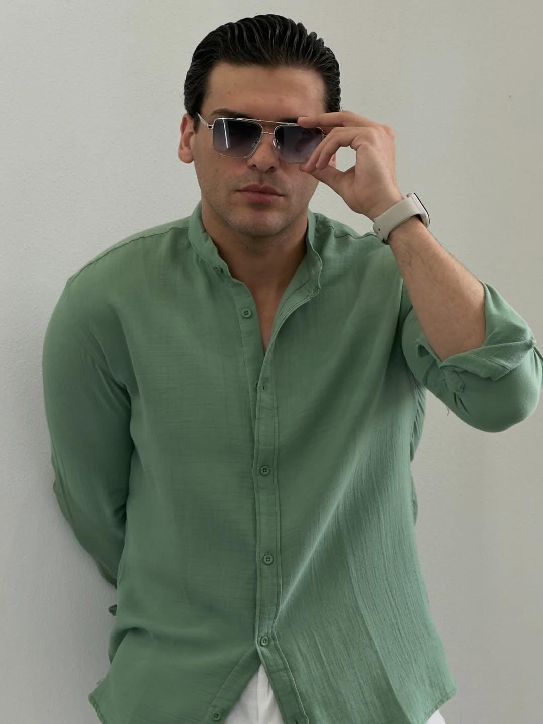 Men's Sage Green Linen Cotton Slim Fit Button Down Shirt, Summer Vacation Casual Wear