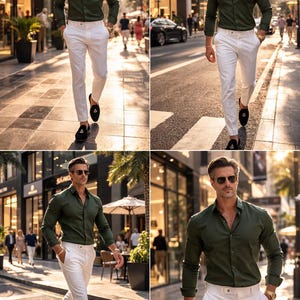 May include: A man in a green long-sleeve shirt and white pants walks down a city street. He wears black loafers with a gold accent. The outfit is completed with sunglasses and a gold watch. The scene is set in a sunny urban environment.