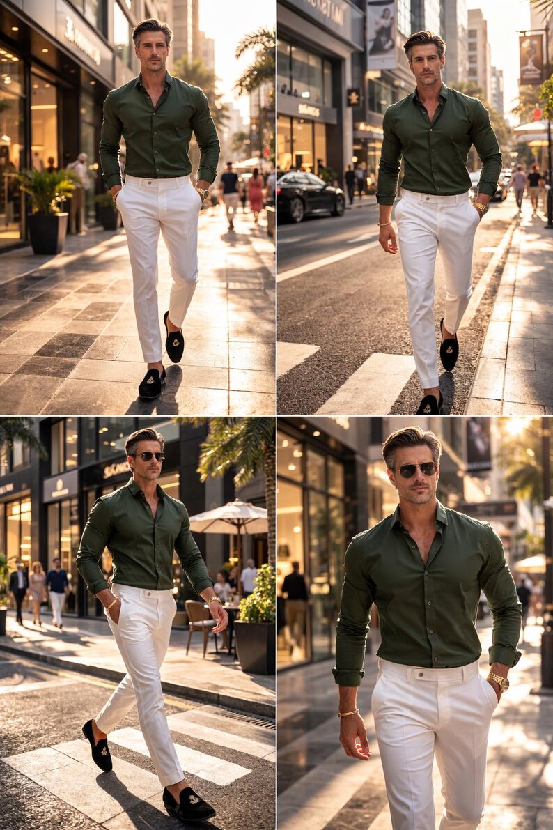 May include: A man in a green long-sleeve shirt and white pants walks down a city street. He wears black loafers with a gold accent. The outfit is completed with sunglasses and a gold watch. The scene is set in a sunny urban environment.