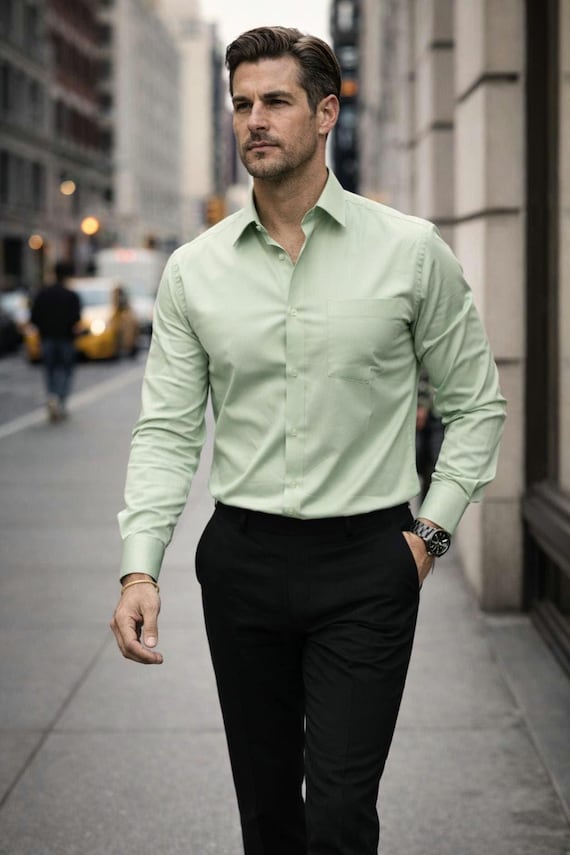 Men's Slim Fit Green Shirt and Black Dress Pants Set
