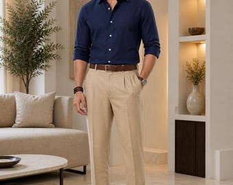 Men's Navy Blue Shirt Beige Trouser Cotton Blend Set – Smart Casual Minimalist Menswear