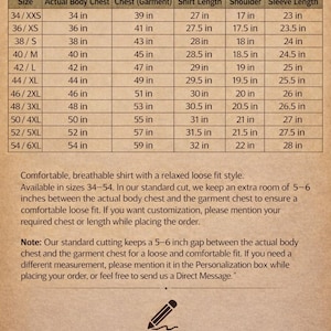 May include: Shirt size chart from TH ENTERPRISE. The chart lists sizes 34/XXS to 54/6XL with measurements for actual body chest, chest (garment), shirt length, shoulder, and sleeve length in inches. The chart also includes a note about the shirt's fit.