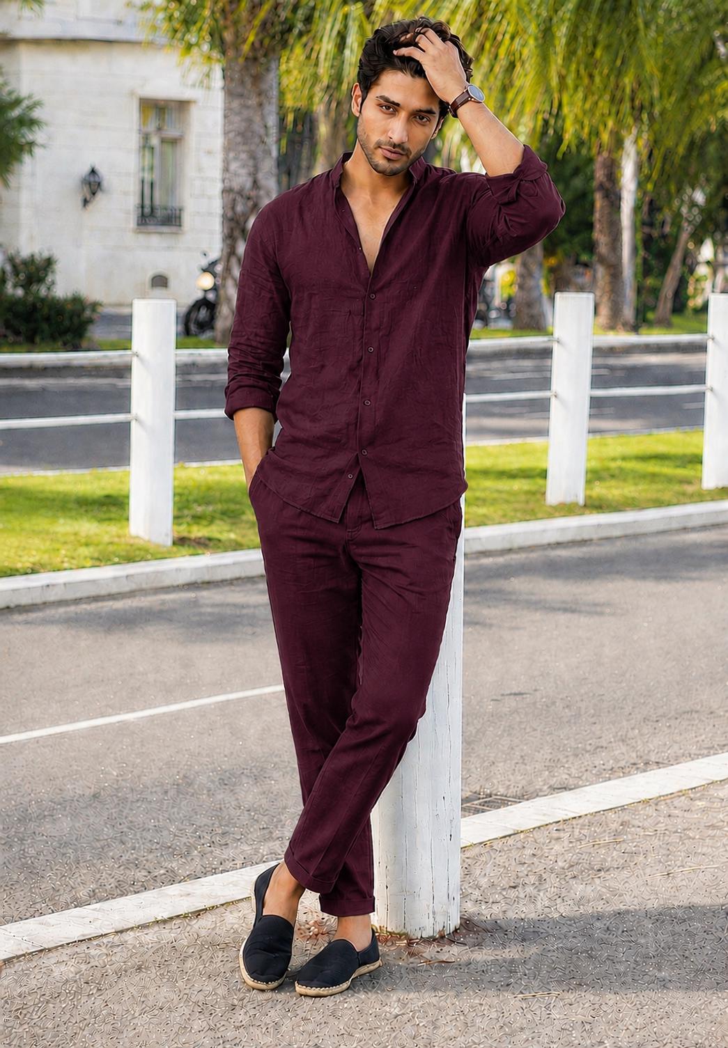 Men's Burgundy Linen Set, Maroon Shirt and Trousers, Summer Wedding Groom Outfit