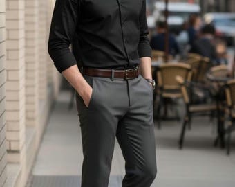 Men's Black Cotton Blend Slim Fit Dress Shirt, Minimalist Office Wear