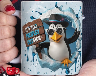 C'est trop de gens dehors, tasse pingouin, cadeau pour amoureux des pingouins, tasse d'hiver, petit pingouin, cadeau blague, tasse à café drôle, tasse 3D