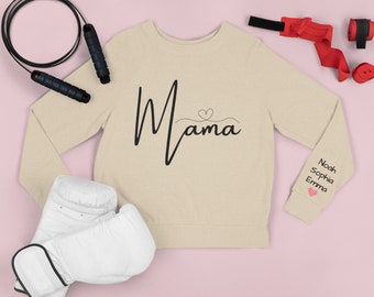 Gepersonaliseerde Mama Sweatshirt met kindernamen op mouw, moeders verjaardagscadeau, coole moeder trui, Moederdag cadeau, nieuwe moeder sweatshirt