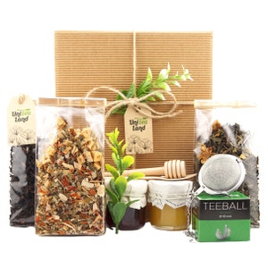 Set de regalo de té, dulces y tetera "Tesoros del té" de UniTea Land (paquete para amantes del té, caja de té de hojas sueltas)