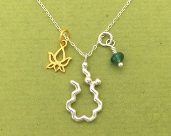 anandamide bliss molecule lotus emerald yoga necklace in sterling silver and gold plate