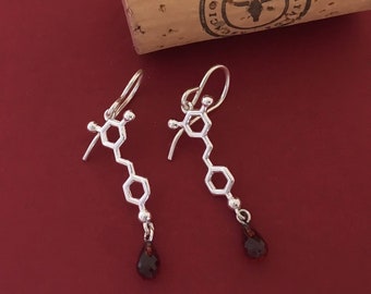 red wine - resveratrol molecule - earrings in solid sterling silver with garnet