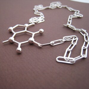 Puede incluir: Un collar de plata con un colgante con forma de mol&eacute;cula qu&iacute;mica. El colgante est&aacute; unido a una cadena de plata con un dise&ntilde;o de eslabones simples.