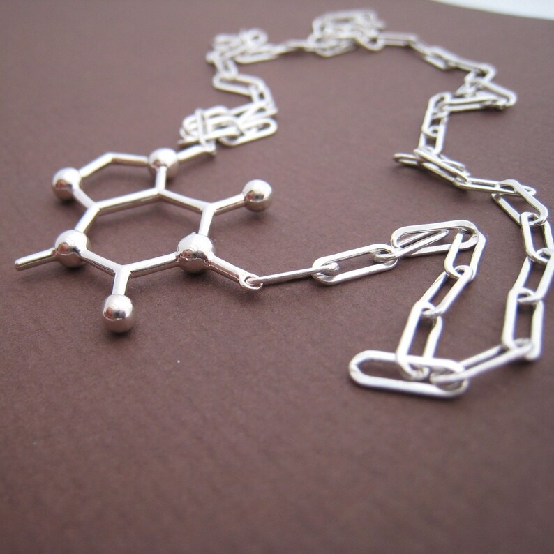 Puede incluir: Un collar de plata con un colgante con forma de mol&eacute;cula qu&iacute;mica. El colgante est&aacute; unido a una cadena de plata con un dise&ntilde;o de eslabones simples.