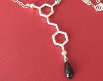 red wine - resveratrol molecule - necklace in solid sterling silver with garnet