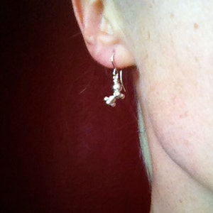 May include: A silver dangle earring with a cluster of small beads. The earring is hanging from a person's earlobe.
