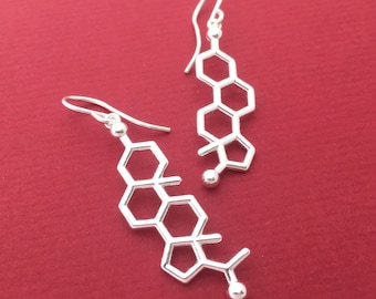 progesterone and estrogen molecule earrings in solid sterling silver