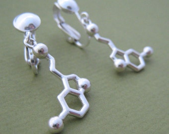 serotonin molecule clip-on earrings in solid sterling silver